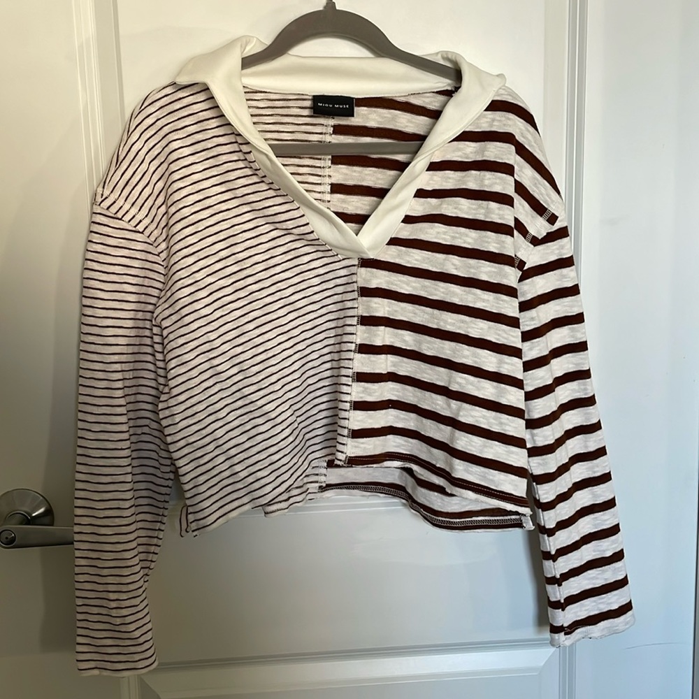 Brown striped rugby style cropped tee size small